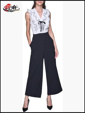 Sleeveless Ruffle Collar V-Neck Silky Scuba Crepe Jumpsuit